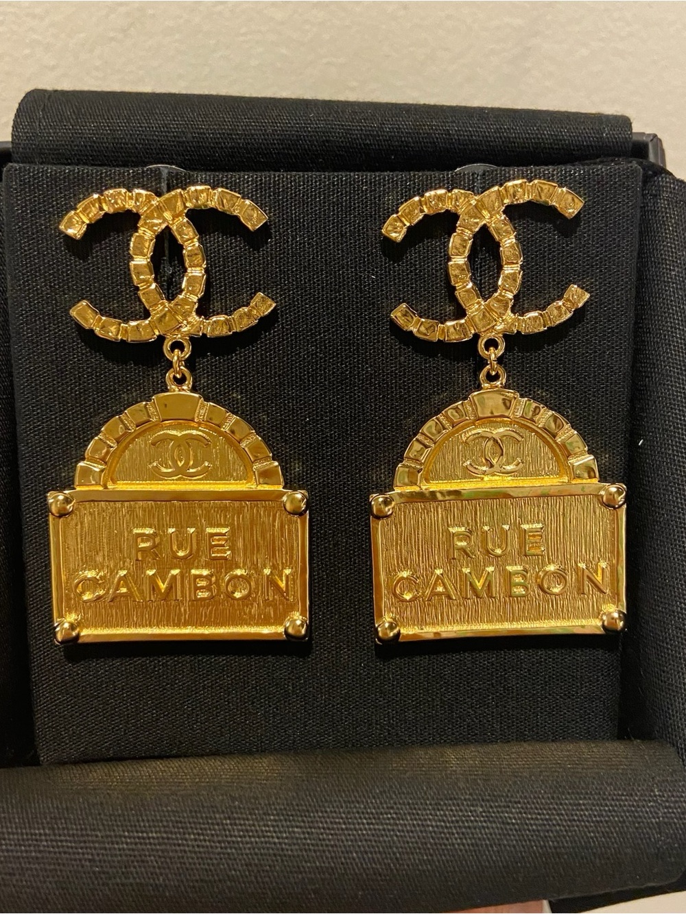 CHANEL Gold Rue Cambon Logo Drop Earrings